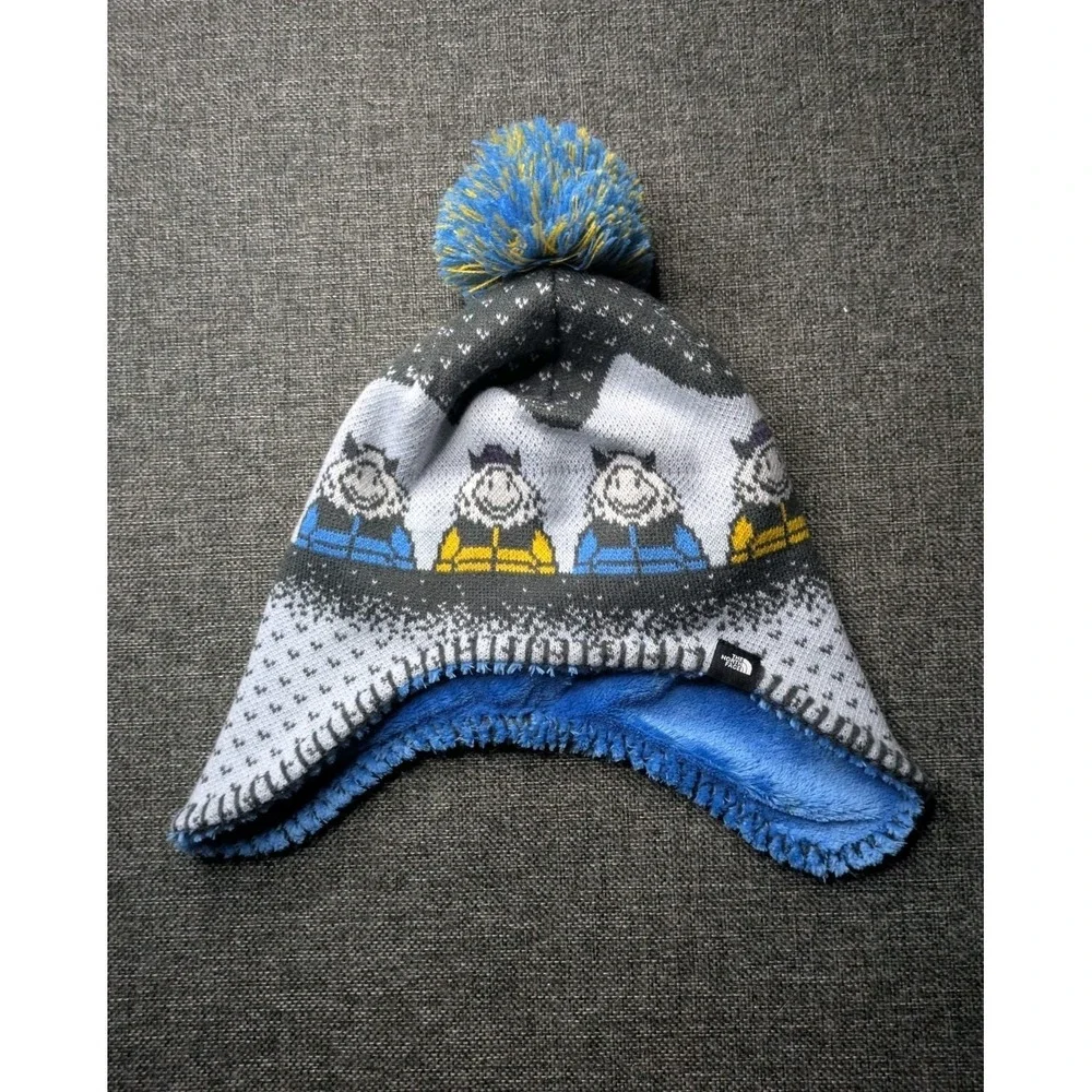 North Face M Toddler (4T-5T) Blue Graphic Yeti Pom Beanie Hat Winter Outdoors